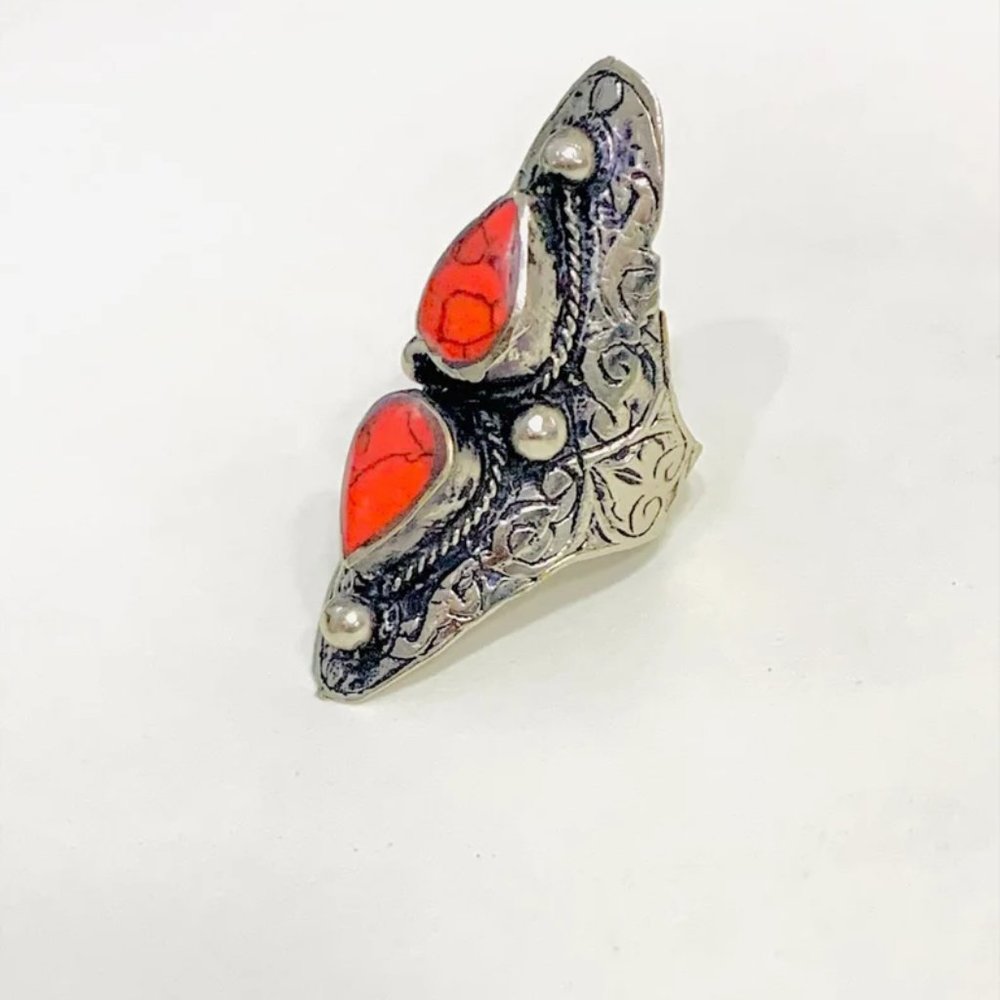 Kuchi Dual Red Stone Ring: Tribal Ethnic Bohemian Jewelry - Picture 8 of 8